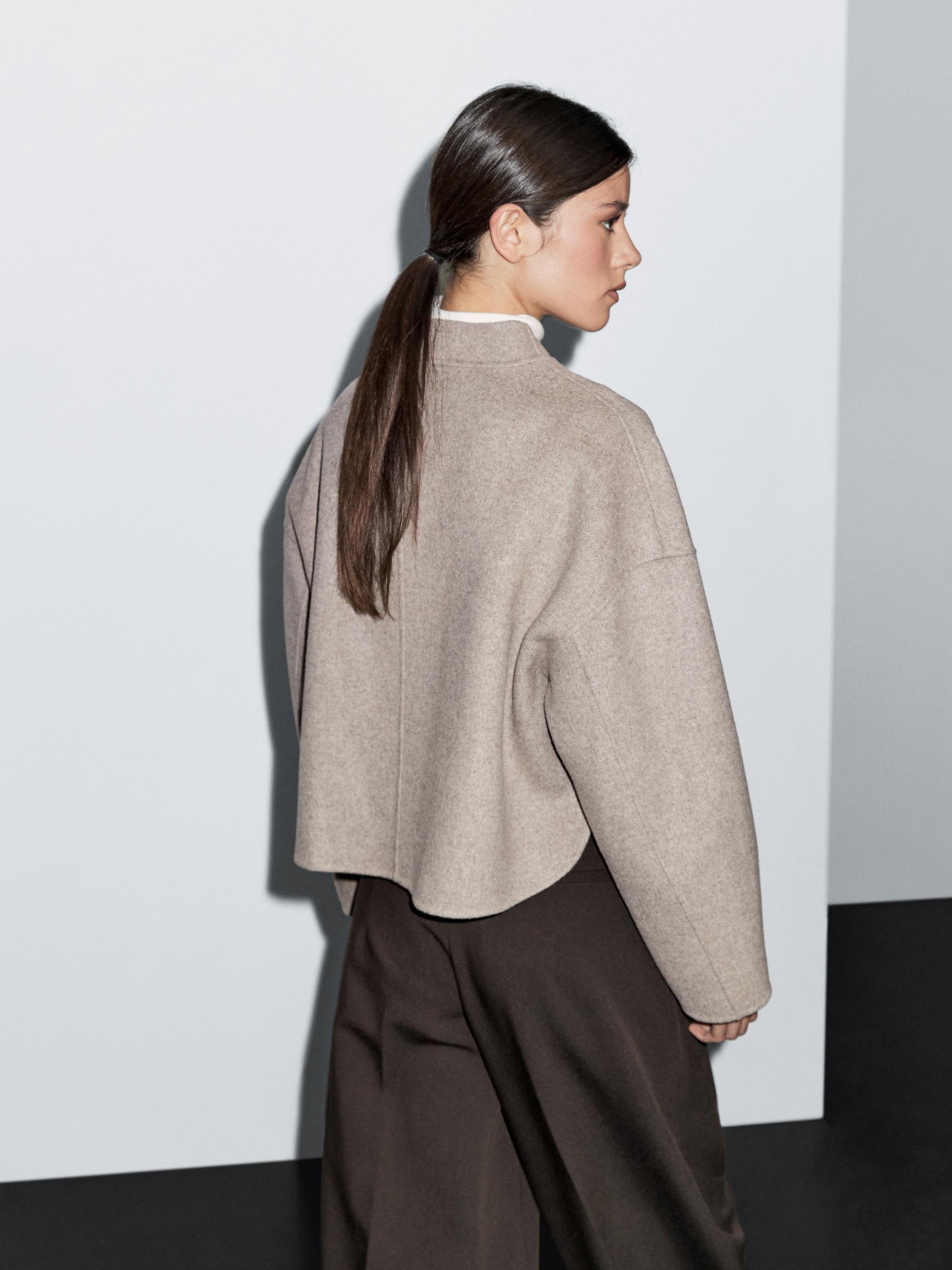 Short wool blend coat with high collar